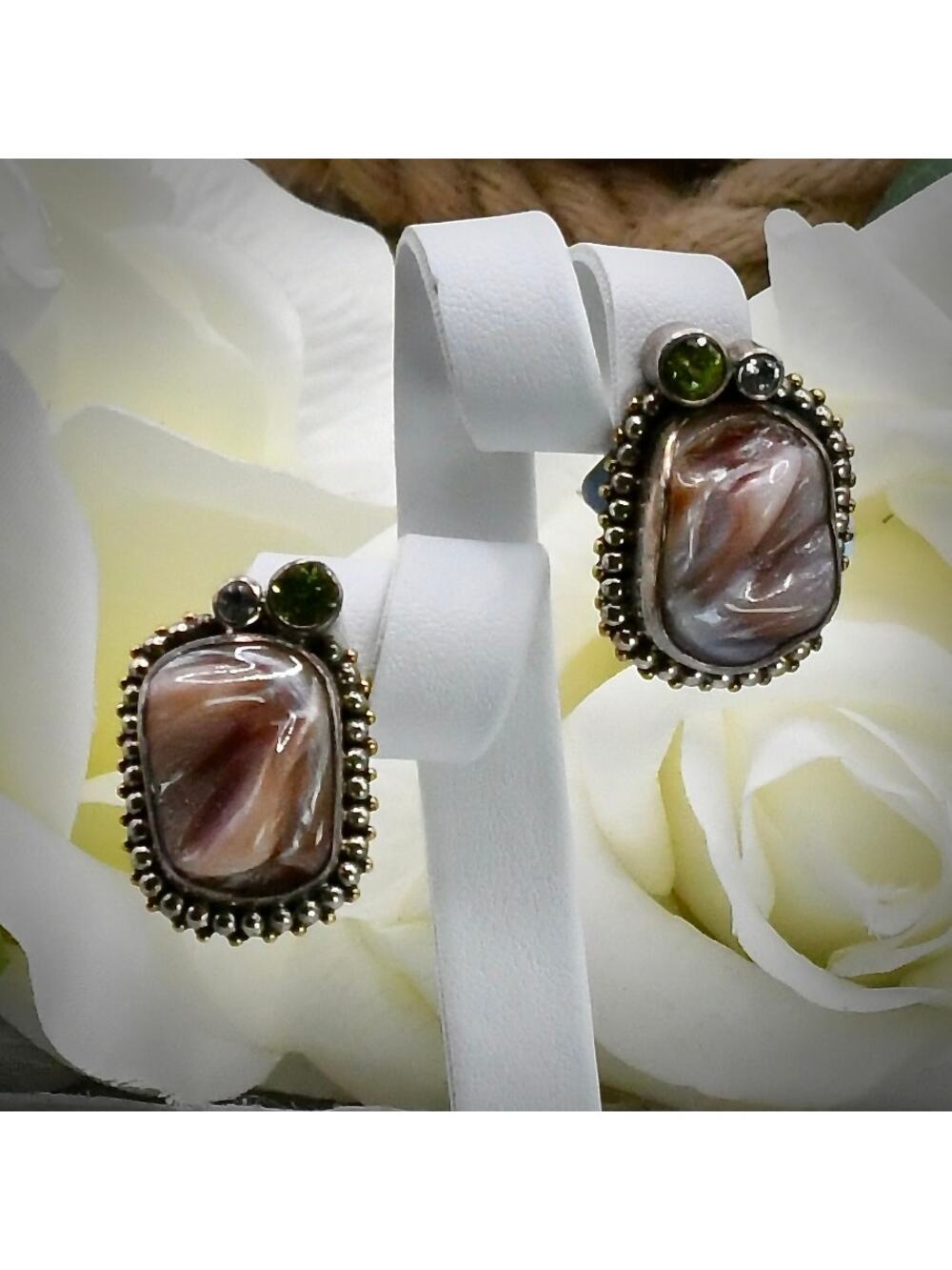 Echo of Dreamer Sterling Bronze Carved Onyx Peridot Quartz Statement Earrings